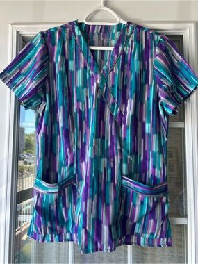 Women's V-Neck Tunic Top in Teal, Purple & White